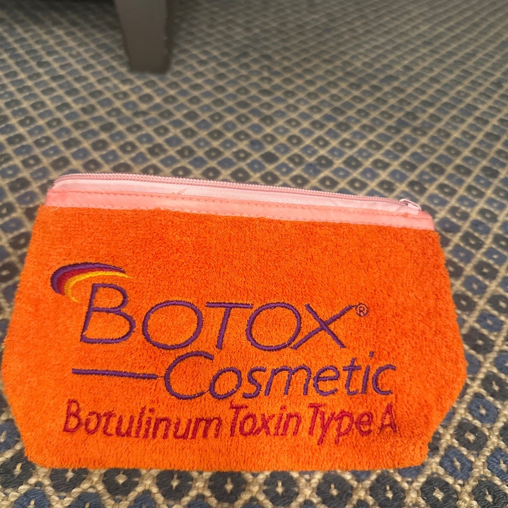 Rare New Botox Cosmetic Orange Terrycloth Embroidered Zippered Makeup Bag